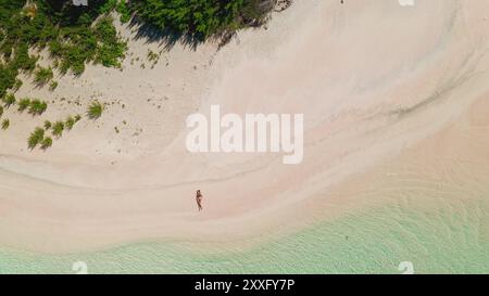 Vue aérienne d'une jeune femme bronzant sur une plage de sable rose immaculée sur une île tropicale, entourée d'eaux turquoises et d'une végétation luxuriante Banque D'Images