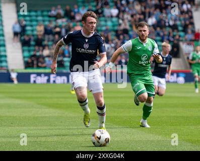 Edinburgh, UK. 24th Aug, 2024. Scottish Premiership - Hibernian FC v Dundee FC 24/08/2024 Dundee defender, Jordan McGhee, as Hibernian take on Dundee in the Scottish Premiership at Easter Road Stadium, Edinburgh, UK Credit: Ian Jacobs/Alamy Live News Stock Photo