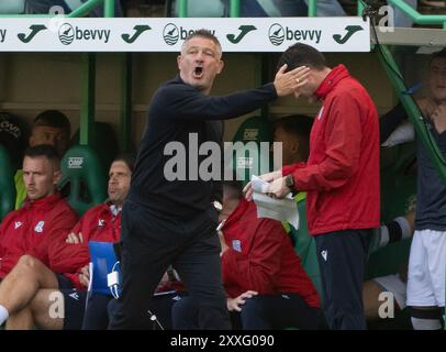 Edinburgh, UK. 24th Aug, 2024. Scottish Premiership - Hibernian FC v Dundee FC 24/08/2024 Dundee manager, Tony Docherty, shouts instructions to his players as Hibernian take on Dundee in the Scottish Premiership at Easter Road Stadium, Edinburgh, UK Credit: Ian Jacobs/Alamy Live News Stock Photo