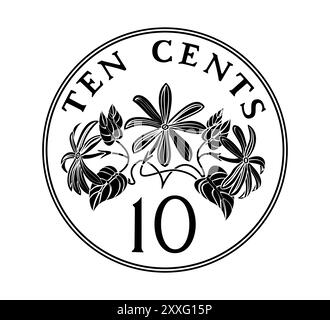 Singapour 10 cents ruban vers le haut. La pièce est représentée en noir et blanc. Illustration vectorielle. Illustration de Vecteur