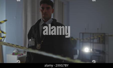 Beau jeune homme hispanique avec badge enquête sur une scène de crime à l'intérieur avec ruban d'avertissement visible. Banque D'Images