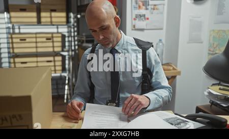 Un homme chauve avec une barbe habillée en détective examine des documents dans un bureau de poste de police encombré. Banque D'Images