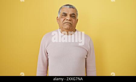 L'homme mature avec les cheveux gris dans une tenue décontractée se tient sur un fond jaune vif, exsudant la confiance et l'expérience. Banque D'Images