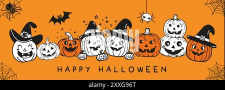 Bannière Happy Halloween horizontale avec citrouilles souriantes finies, jack o lanterne, chauve-souris et araignée mignonne Illustration de Vecteur