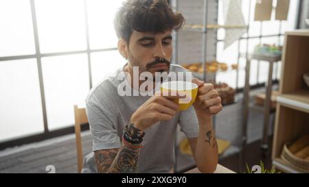 Jeune homme hispanique avec barbe et tatouages buvant du café dans une boulangerie confortable avec des pâtisseries en arrière-plan. Banque D'Images