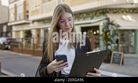 Une jeune femme concentrée en tenue d'affaires vérifie son smartphone tout en tenant une planche à pince dans une rue urbaine animée. Banque D'Images