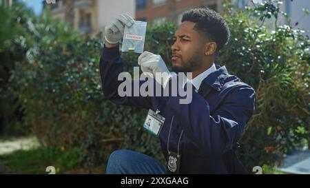 Un homme afro-américain concentré dans l'application de la loi examine les preuves à l'extérieur parmi le feuillage vert. Banque D'Images