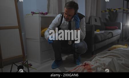 Un détective mûr examine des preuves sur une scène de crime intérieure nocturne tout en parlant sur un téléphone portable. Banque D'Images