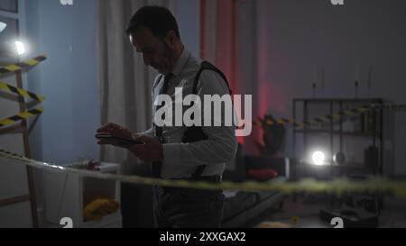 Homme barbu d'âge moyen utilisant un smartphone sur la scène de crime avec du ruban de prudence et un éclairage intérieur. Banque D'Images