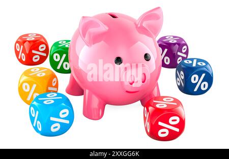 Tirelire avec cubes de réduction colorés, rendu 3D isolé sur fond blanc Banque D'Images