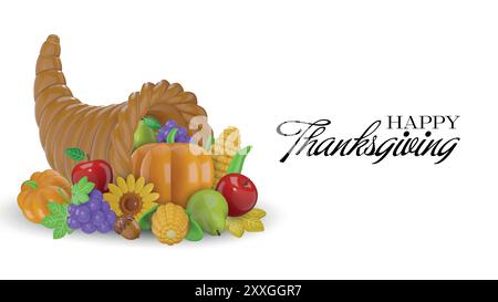 bannière de thanksgiving avec cornucopia 3d et fruits d'automne Illustration de Vecteur