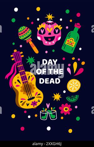 Vacances mexicaines. Affiche de la fête de la mort. Jour des morts. Festival traditionnel du Mexique. Le carnaval de Muertos. Crânes de sucre. Bouteille de tequila. Fruits et fleurs. Son Illustration de Vecteur