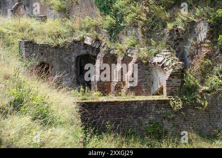 Arches en briques, murs contreforts et fondations de caves - ruines de la maison de base après sa démolition sur ordre du Parlement. Basingstoke, Angleterre Banque D'Images