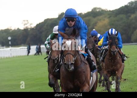 MIDNIGHT THUNDER piloté par le jockey Kieran O'Neill remporte le Get Raceday Ready novice Stakes (Class 5) (GBB Race) au Royal Windsor Racecourse à Windsor, Berkshire, lors de la soirée de clôture estivale. Propriétaire et éleveur Godolphin, entraîneur Saeed bin Suroor, Newmarket, sponsor Emirates Fly Better. Crédit : Maureen McLean/Alamy Live News Banque D'Images