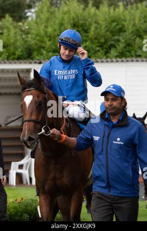 MIDNIGHT THUNDER ridden by jockey Kieran O'Neill wins the Get Raceday Ready Novice Stakes (Class 5) (GBB Race) at Royal Windsor Racecourse in Windsor, Berkshire at the Summer Closing Party. Owner and Breeder Godolphin, Trainer Saeed bin Suroor, Newmarket, Sponsor Emirates Fly Better. Credit: Maureen McLean/Alamy Live News Stock Photo