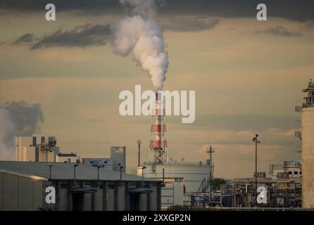 Cheminées d'usine peintes en rouge et blanc émettant de la fumée dans le ciel du coucher du soleil Banque D'Images