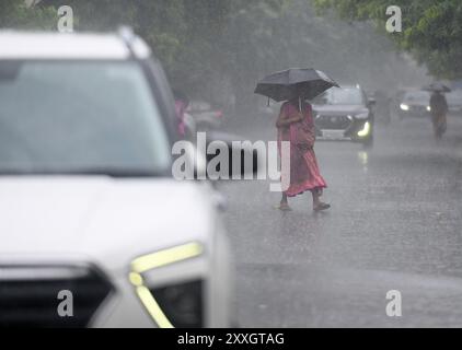 New Delhi, Inde. 24 août 2024. NOIDA, INDE - 23 AOÛT : les navetteurs sortent sous la pluie dans le secteur 12, le 23 août 2024 à Noida, Inde. (Photo de Sunil Ghosh/Hindustan Times/Sipa USA ) crédit : Sipa USA/Alamy Live News Banque D'Images