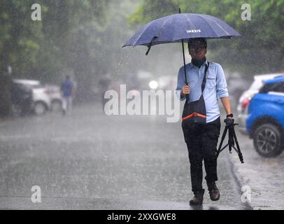 New Delhi, Inde. 24 août 2024. NOIDA, INDE - 23 AOÛT : les navetteurs sortent sous la pluie dans le secteur 12, le 23 août 2024 à Noida, Inde. (Photo de Sunil Ghosh/Hindustan Times/Sipa USA ) crédit : Sipa USA/Alamy Live News Banque D'Images