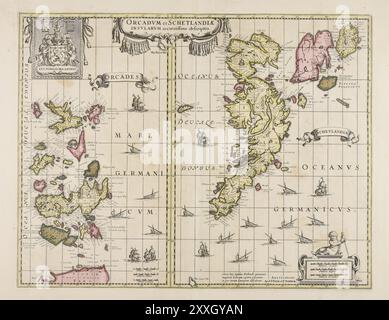 Carte illustrée vintage. Une description très précise des îles des Orcades et des Shetland. ca 1700 Banque D'Images