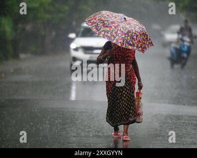 New Delhi, Inde. 24 août 2024. NOIDA, INDE - 23 AOÛT : les navetteurs sortent sous la pluie dans le secteur 12, le 23 août 2024 à Noida, Inde. (Photo de Sunil Ghosh/Hindustan Times/Sipa USA ) crédit : Sipa USA/Alamy Live News Banque D'Images