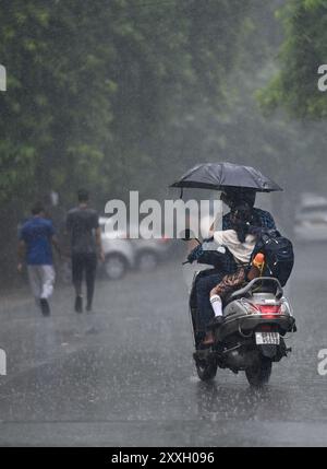 New Delhi, Inde. 24 août 2024. NOIDA, INDE - 23 AOÛT : les navetteurs sortent sous la pluie dans le secteur 12, le 23 août 2024 à Noida, Inde. (Photo de Sunil Ghosh/Hindustan Times/Sipa USA ) crédit : Sipa USA/Alamy Live News Banque D'Images
