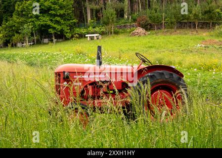 Tracteur Hanomag Barreiros 335 vintage sur des terres agricoles entre Fisterra et Muxia en Galice occidentale, vu le long du Camino de Fisterra y Muxia. L'ancien fabricant espagnol Barreiros a produit ces tracteurs dans les années 1960 sous licence de la société allemande Hanomag. Un morceau de l'histoire industrielle espagnole. Banque D'Images