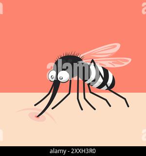 Cute Cartoon Flat Vector Mosquito sucer le sang sur la peau. Amateurs d'insectes. Modèle de conception de moustique suceur de sang pour la lutte antiparasitaire, éducation de la nature Illustration de Vecteur