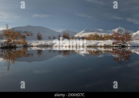 Les sommets Hoegronden, Midtronden et Digerronden se reflètent dans un lac, Parc national de Rondane, Oppland Fylke, Norvège, septembre 2010, Europe Banque D'Images