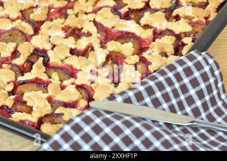 Gâteau aux prunes fraîchement cuit. Gros plan d'un gâteau aux prunes, gâteau aux prunes avec crumble. Gâteau aux prunes avec de la chapelure Banque D'Images