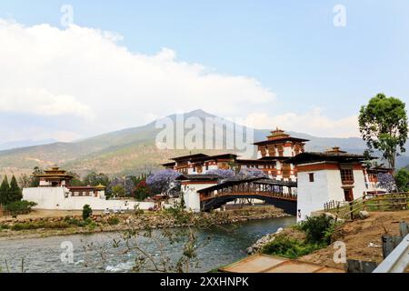 Punakha dzong avec pont en porte-à-faux en bois, bhoutan Banque D'Images