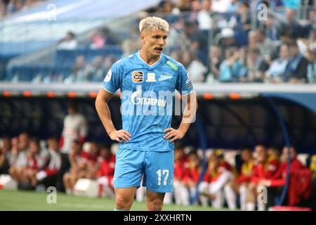 Saint-Pétersbourg, Russie. 24 août 2024. Andrey Mostovoy (17 ans) de Zenit vu en action lors du match de premier League russe entre Zenit Saint-Pétersbourg et Spartak Moscou à Gazprom Arena. Score final ; Zenit 0:0 Spartak. Crédit : SOPA images Limited/Alamy Live News Banque D'Images