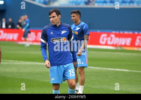 Saint-Pétersbourg, Russie. 24 août 2024. Vyacheslav Karavaev (15 ans) de Zenit vu en action lors du match de football de la première Ligue russe entre Zenit Saint-Pétersbourg et Spartak Moscou à Gazprom Arena. Score final ; Zenit 0:0 Spartak. (Photo de Maksim Konstantinov/SOPA images/SIPA USA) crédit : SIPA USA/Alamy Live News Banque D'Images