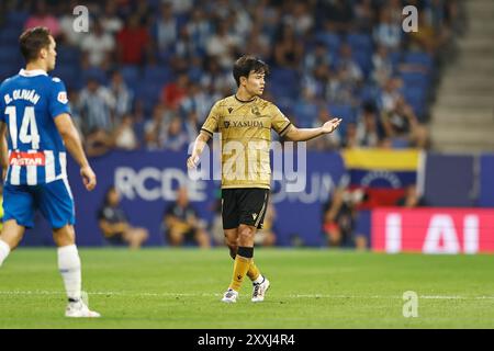 Barcelone, Espagne. 24 août 2024. Takefusa Kubo (Sociedad) Football/Soccer : Espagnol 'LaLiga EA Sports' match entre le RCD Espanyol de Barcelona 0-1 Real Sociedad au Stage Front Stadium de Barcelone, Espagne . Crédit : Mutsu Kawamori/AFLO/Alamy Live News Banque D'Images