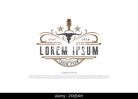 Guitare Western Country avec Longhorn Skull logo Design Vector Illustration de Vecteur