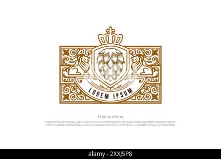 Elégant bouclier Lion King Crown avec Hop pour brasserie artisanale Brewing Brewery badge Emblem Label logo Design vecteur Illustration de Vecteur