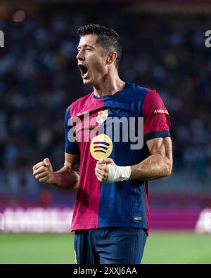 Barcelone, Espagne. 24 août 2024. Robert Lewandowski de Barcelone célèbre son but lors du match de football de la Liga entre le FC Barcelone et l'Athletic Club à Barcelone, en Espagne, le 24 août 2024. Crédit : Joan gosa/Xinhua/Alamy Live News Banque D'Images