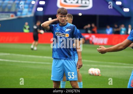 Saint-Pétersbourg, Russie. 24 août 2024. Matvey Bardachev (53) de Zenit vu en action lors du match de football de la première Ligue russe entre Zenit Saint-Pétersbourg et Spartak Moscou à Gazprom Arena. Score final ; Zenit 0:0 Spartak. Crédit : SOPA images Limited/Alamy Live News Banque D'Images