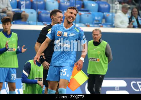 Saint-Pétersbourg, Russie. 24 août 2024. Strahinja Erakovic (25 ans) de Zenit vu en action lors du match de football de la première Ligue russe entre Zenit Saint-Pétersbourg et Spartak Moscou à Gazprom Arena. Score final ; Zenit 0:0 Spartak. (Photo de Maksim Konstantinov/SOPA images/SIPA USA) crédit : SIPA USA/Alamy Live News Banque D'Images