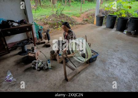 Le processus de fabrication de la soie au projet de sériculture Mulberry Organic Farm, Phonsavan, Xieng Khouang, Laos Banque D'Images