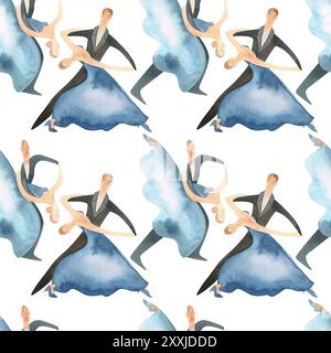 Danse de bal standard. Couples adultes sur le parquet. Illustration aquarelle isolée. Motif sans couture. Fond blanc Banque D'Images