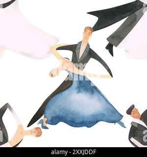 Danse de bal standard. Couples adultes sur le parquet. Illustration aquarelle isolée. Motif sans couture. Fond blanc Banque D'Images