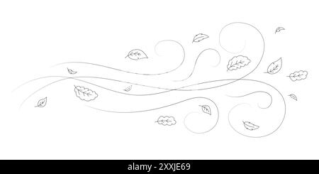 Doodle feuilles d'automne volent dans le vent. Toile de fond du contour de la saison d'automne, le flux d'air laisse un motif linéaire de vague ou une impression vectorielle de gribouillage soufflant le vent Illustration de Vecteur