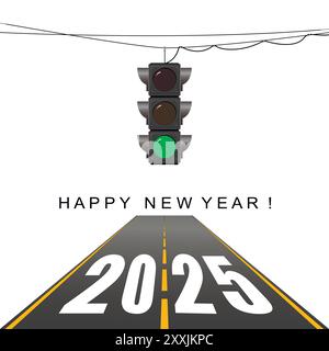 Carte de voeux du nouvel an. 2025 feu de circulation, feu vert. Concept du nouvel an. Illustration de Vecteur