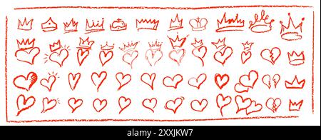 Ensemble de cœurs et couronnes de crayon dessinés à la main pour enfants. Collection de couleur rouge pastel symbole de l'amour et du statut de monarque. Formes vectorielles de griffonnage au charbon de bois Illustration de Vecteur
