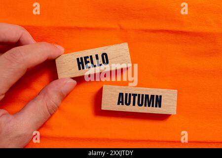 Bonjour message d'automne écrit sur des blocs de bois avec fond orange. Symbole conceptuel bonjour automne. Copier l'espace. Banque D'Images