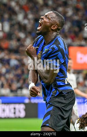 Milan, Italie. 24 août 2024. Marcus Thuram (9 ans) de l'Inter a vu lors du match de Serie A entre l'Inter et Lecce à Giuseppe Meazza à Milan. Crédit : Gonzales photo/Alamy Live News Banque D'Images