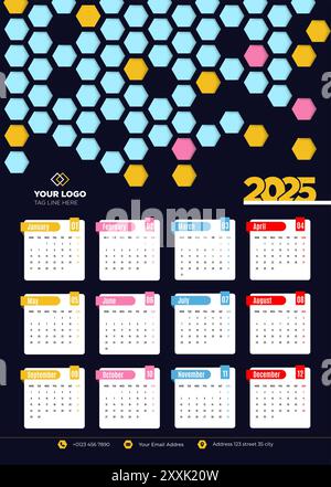 Conception de calendrier 2025, modèle de calendrier mural avec de beaux arrière-plan de formes colorées, taille A4, semaines commence le lundi. Illustration de Vecteur