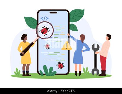 Débogage de logiciels et d'applications mobiles, logiciels malveillants, recherche de bogues et recherche en ligne. Les gens minuscules regardent avec une loupe pour les insectes sur l'écran de smartphone avec l'illustration vectorielle de dessin animé de code de programme Illustration de Vecteur