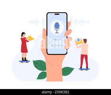 Personnes utilisant des appareils mobiles pour créer et envoyer des messages vocaux. Grande main tenant un smartphone avec une icône de microphone. Les éléments d'arrière-plan comprennent des avions en papier et des enveloppes illustration vectorielle. Illustration de Vecteur