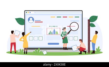 Processus de conception ou de refonte de site Web, création d'interface créative. Les gens minuscules travaillent avec la loupe et la règle pour rechercher et construire la page web wireframe dans l'illustration vectorielle de dessin animé de l'éditeur Illustration de Vecteur